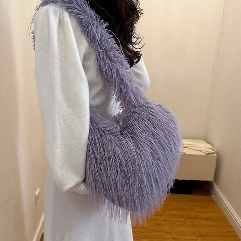 Fashion Heart Shaped Shoulder Bag Plush Faux Fur Solid Color Crossbody Handbag Women Girl Trendy Autumn Winter Soft