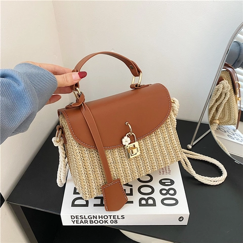 Women Fashion Straw Woven PU Patchwork Crossbody Bag Summer Beach Handbag With Flower Charm And Rope Shoulder Strap