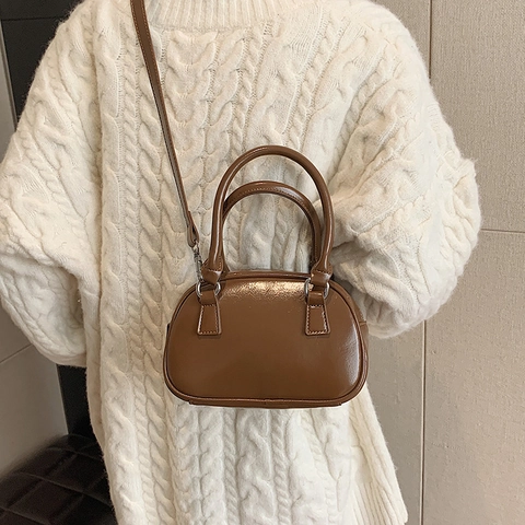 Damen Retro PU Leder Glänzende Umhängetasche Vintage Boston Handtasche Crossbody Kleine Bowling Tasche Mit Silber Hardware