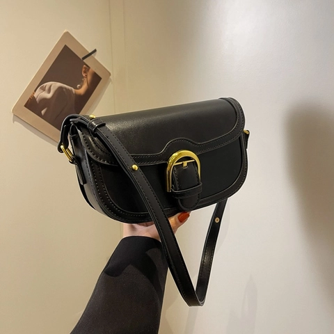 Vintage PU Leather Saddle Bag For Women With Horseshoe Buckle Minimalist Solid Color Shoulder Crossbody Bag Fashion Commuting Bag