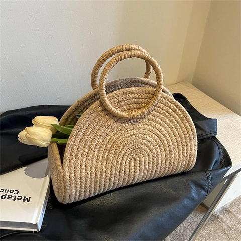 Mode Halbkreis Stroh Gewebte Handtasche Große Kapazität Handgefertigt Khaki Strohtasche Für Damen Strand Urlaub Resort Handtasche