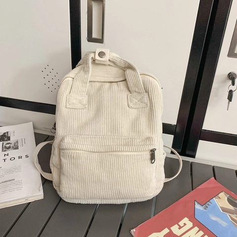 Mochila de Pana para Mujer Estilo Japonés Simple Color Sólido Mochila Escolar Gran Capacidad Retro Acanalada Casual Viaje Diario