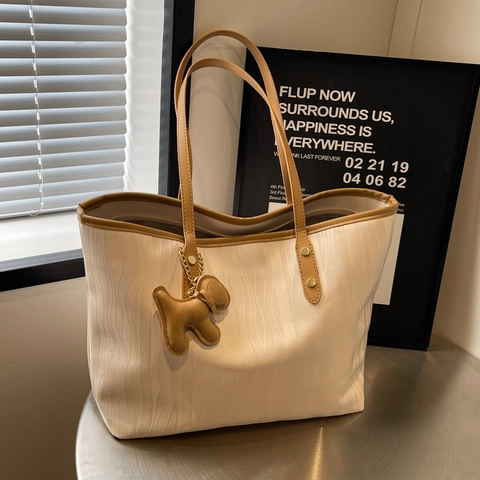 Borsa Shopping da Donna in Pelle PU di Grande Capacità Motivo a Onde Verticali Tracolla Retrò Pendolare Con Ciondolo Cane