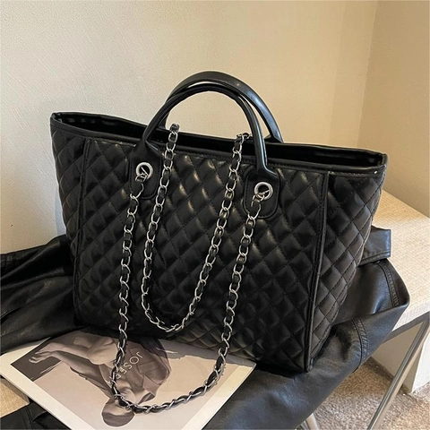 Dames Mode Doorgestikte Ketting Tote Bag Grote Capaciteit PU Lederen Schoudertas Stedelijk Minimalistisch Casual Handtas