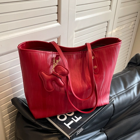 Borsa Shopping da Donna in Pelle PU di Grande Capacità Motivo a Onde Verticali Tracolla Retrò Pendolare Con Ciondolo Cane