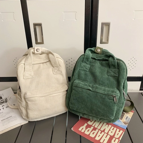 Mochila de Pana para Mujer Estilo Japonés Simple Color Sólido Mochila Escolar Gran Capacidad Retro Acanalada Casual Viaje Diario