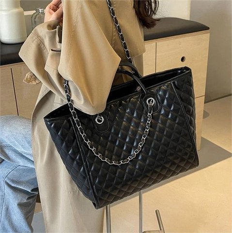Dames Mode Doorgestikte Ketting Tote Bag Grote Capaciteit PU Lederen Schoudertas Stedelijk Minimalistisch Casual Handtas