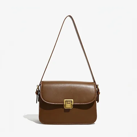 Women Retro PU Leather Shoulder Bag Urban Minimalist Small Square Crossbody Bag With Gold Metal Lock Adjustable Strap Casual Tote