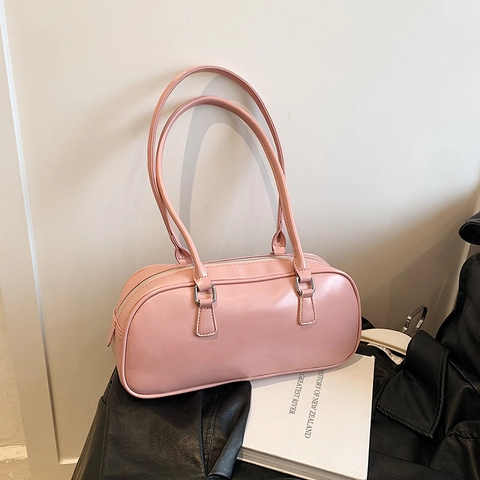 Bolso de Axila Boston de Cuero PU Retro para Mujer Gran Capacidad Color Sólido Bolso de Hombro Con Herrajes de Plata