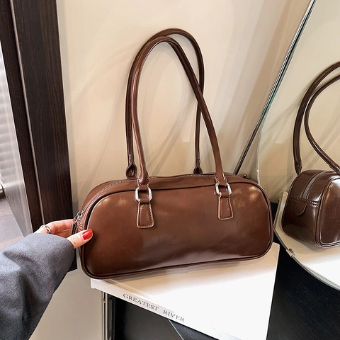 Bolso de Axila Boston de Cuero PU Retro para Mujer Gran Capacidad Color Sólido Bolso de Hombro Con Herrajes de Plata