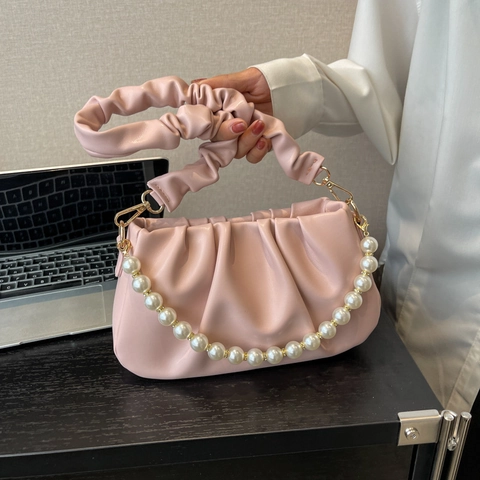 Women Pleated Cloud Underarm Bag With Artificial Pearl Chain PU Leather French Style Shoulder Crossbody Bag Fashion Handbag