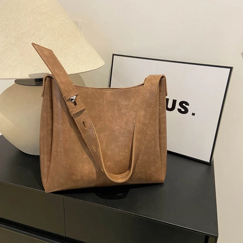 Sac Cabas en Cuir PU Rétro pour Femmes Grande Capacité Sac à Bandoulière Minimaliste Avec Large Sangle Mode Bureau