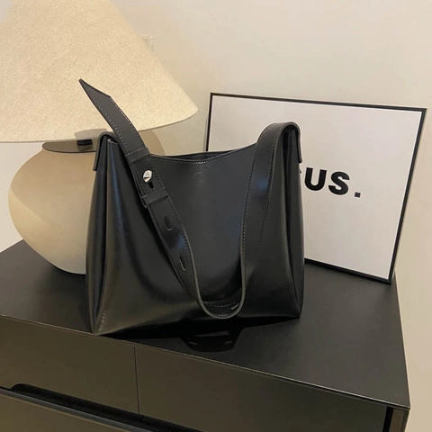 Sac Cabas en Cuir PU Rétro pour Femmes Grande Capacité Sac à Bandoulière Minimaliste Avec Large Sangle Mode Bureau
