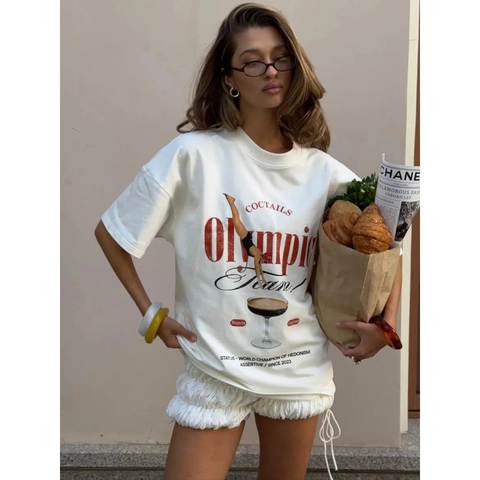 Damen Casual 100% Baumwolle Oversize Kurzarm T-Shirt Mit Vintage Grafikdruck Lockerer Schnitt Retro Sport Stil Top