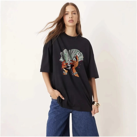 Women Oversized Pure Cotton T-Shirt Creative Dollar Graphic Print Short Sleeve Loose Streetwear Round Neck Summer Top