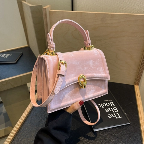 Borsa a Tracolla Quadrata Piccola in Pelle PU da Donna di Moda Borsa a Mano Tinta Unita Con Lucchetto Dorato Elegante Borsa a Mano