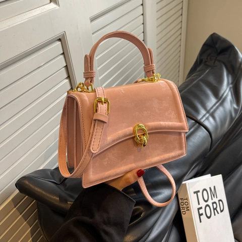 Borsa a Tracolla Quadrata Piccola in Pelle PU da Donna di Moda Borsa a Mano Tinta Unita Con Lucchetto Dorato Elegante Borsa a Mano