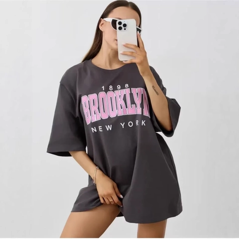 Maglietta Oversize da Donna in Cotone Con Stampa Grafica Brooklyn Manica Corta Streetwear Estiva Grigio Scuro