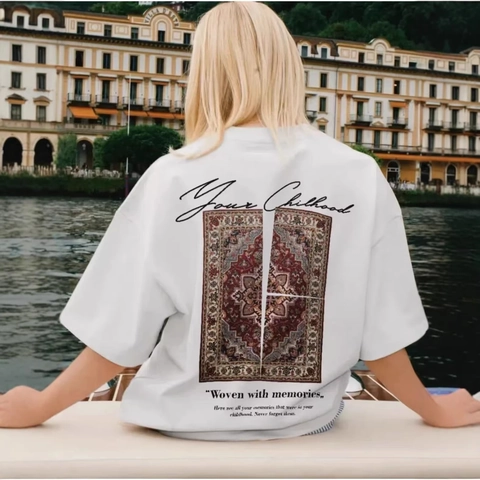 Women Oversized Cotton T-Shirt Vintage Back Persian Rug Print Your Childhood Slogan Short Sleeve Round Neck Casual Tee Top