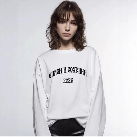 Camiseta de Algodón de Manga Larga para Mujer Oversize Estampado Cirílico Hip Hop Ropa de Calle Cuello Redondo Hombro Caído