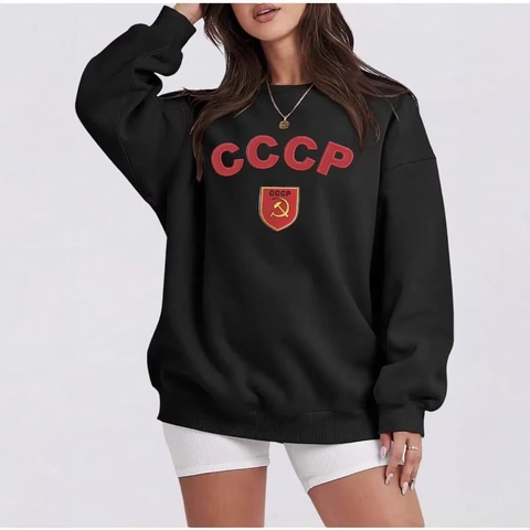 Felpa da Donna Casual Con Stampa Emblema Sovietico CCCP Girocollo Manica Lunga Larga Pullover in Poliestere Pile Pesante Leggero