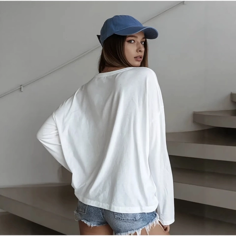 Camiseta de Algodón de Manga Larga para Mujer Oversize Estampado Cirílico Hip Hop Ropa de Calle Cuello Redondo Hombro Caído