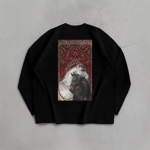 Maglietta a Maniche Lunghe in 100% Cotone da Donna Top Girocollo Casual Largo Con Stampa Artistica a Doppio Cavallo Stile Retro
