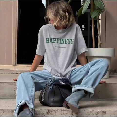 T-shirt da Donna in Puro Cotone Casual Happiness Stampa a Lettere Girocollo Manica Corta Larga Oversize Streetwear Top
