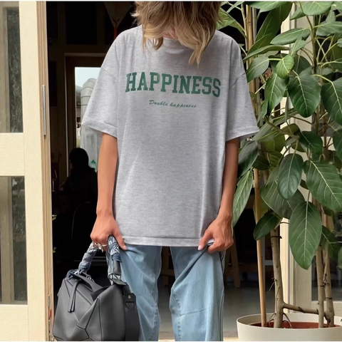 T-shirt da Donna in Puro Cotone Casual Happiness Stampa a Lettere Girocollo Manica Corta Larga Oversize Streetwear Top