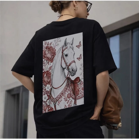 Maglietta Oversize da Donna in Cotone Vintage Con Stampa Posteriore Cavallo Fiori Manica Corta Girocollo Casual Estate