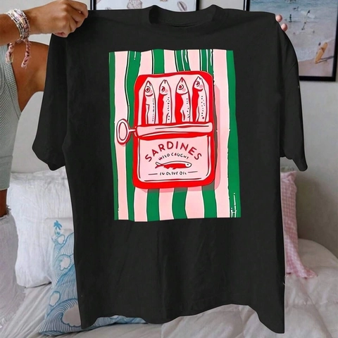 Γυναικείο Casual Βαμβακερό T-Shirt Δημιουργικό Τύπωμα Κονσέρβα Σαρδέλας Ριγέ Στρογγυλή Λαιμόκοψη Χαλαρό Κοντό Μανίκι Καλοκαιρινό Top