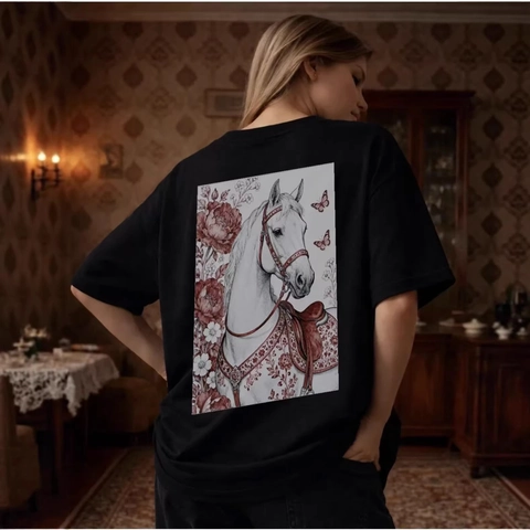 Maglietta Oversize da Donna in Cotone Vintage Con Stampa Posteriore Cavallo Fiori Manica Corta Girocollo Casual Estate