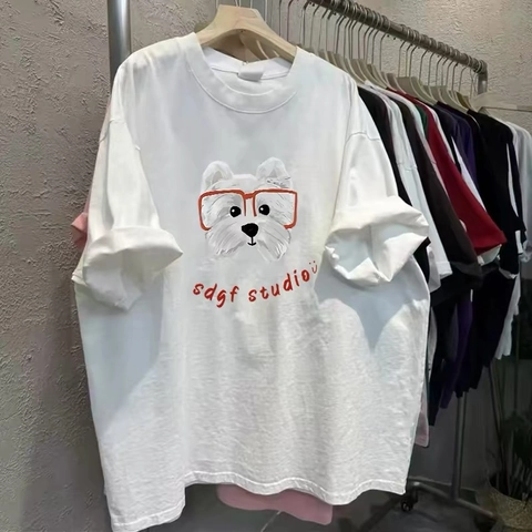 Amerikanisches Casual Baumwolle Kurzarm T-Shirt Oversize Streetwear Cartoon Hund Bedruckt Rundhals Sommer Tee Top Für Herren Damen