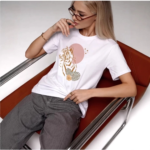 Damen Baumwolle Weiß Kurzarm T-Shirt Amerikanischer Retro Tiger Botanisch Bedruckt Rundhals Locker Lässig Mode Top