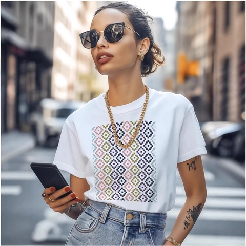 Damen Casual Lockeres T-Shirt Aus 100% Baumwolle Mit Geometrischem Pixel-Druck Vintage Kurzarm Rundhals Täglich Top