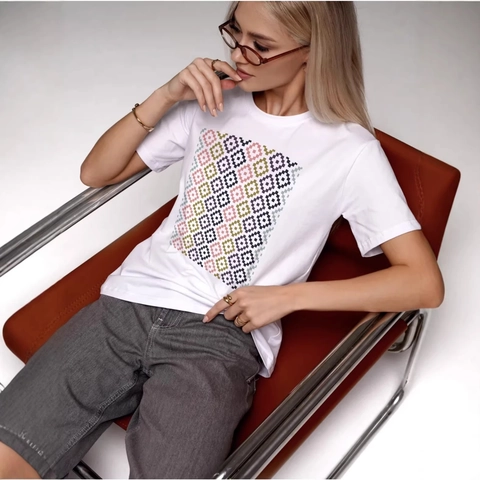 Damen Casual Lockeres T-Shirt Aus 100% Baumwolle Mit Geometrischem Pixel-Druck Vintage Kurzarm Rundhals Täglich Top