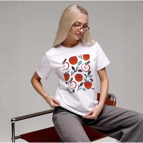 Camiseta Casual de Algodón Puro para Mujer Manga Corta Ajuste Holgado Estampado Artístico de Manzana Cuello Redondo Verano