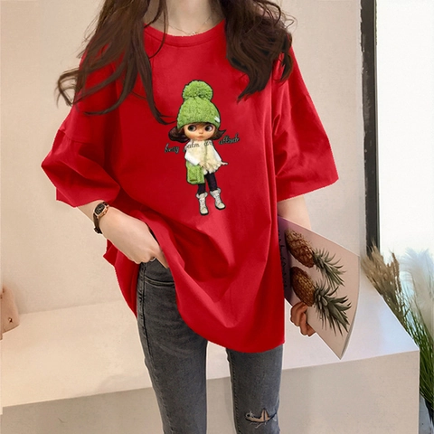 Maglietta da Donna in Puro Cotone Oversize Manica Corta Girocollo Stampa Bambola Cartoon Casual Streetwear Top Estivo
