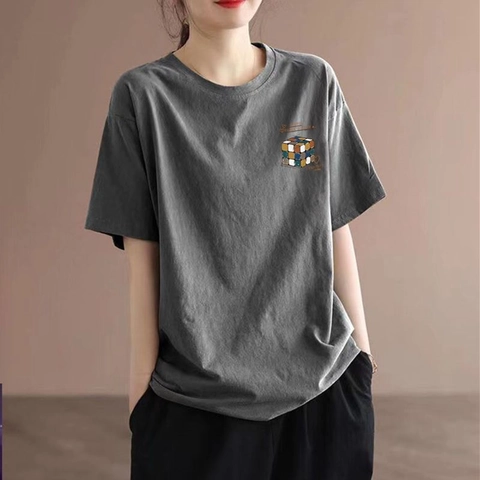 Damen Casual Baumwolle Kurzarm T-Shirt Lockerer Rundhalsausschnitt Zauberwürfel Grafik Bedruckt Sommer Basic Tee Top