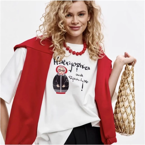 Maglietta in Cotone Stampato Oversize Donna Grafica Matrioska Rock Manica Corta Comoda Casual Girocollo Streetwear Top