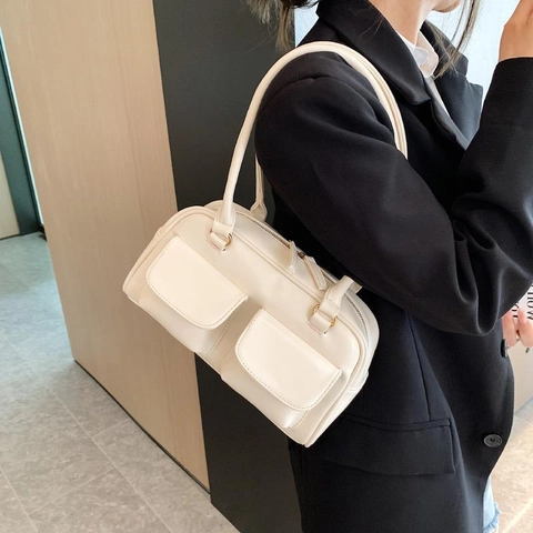Borsa a Spalla in Pelle PU Retro da Donna Doppie Tasche Anteriori Borsa Boston Coreana Versatile Piccola Borsa Quadrata