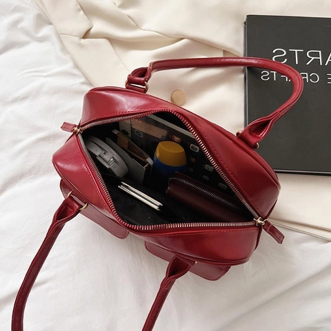 Borsa a Spalla in Pelle PU Retro da Donna Doppie Tasche Anteriori Borsa Boston Coreana Versatile Piccola Borsa Quadrata