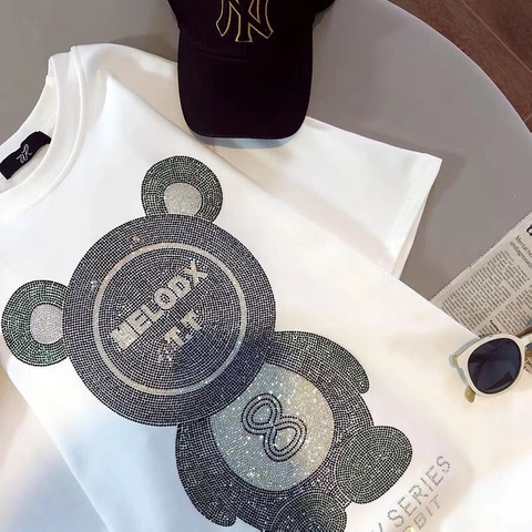 Camiseta de Algodón con Oso de Strass para Mujer Manga Corta Suelta Casual Moda Callejera Camiseta Gráfica