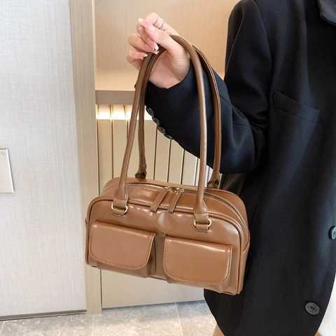 Bolso de Hombro Retro de Cuero PU para Mujer Bolso de Mano Cuadrado Pequeño a la Moda con Bolsillos Dobles para Uso Diario Oficina Street Style