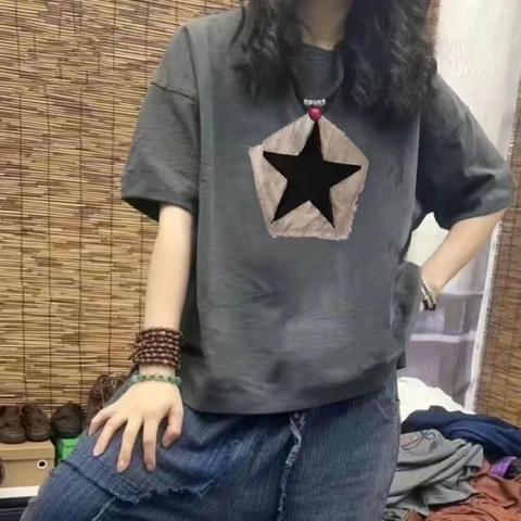 Maglietta da Donna Casual in Cotone a Maniche Corte Girocollo Sciolto con Stampa a Stella Estate Patchwork Streetwear Top
