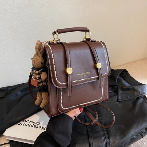 Retro Damen PU-Leder Rucksack Elegant Kontrastnähte Multifunktionale Handtasche Quadratische Beuteltasche Mit Hasenanhänger Für Schüler