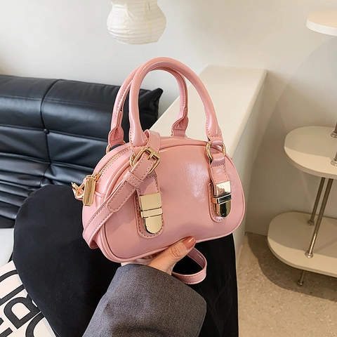 Damen Mode Einfarbig Glänzend PU Leder Handtasche Casual Bowling Umhängetasche Gold Beschläge Doppelgriff Schultertasche