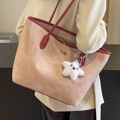 Borsa Tote da Donna Minimalista Grande Capacità in Pelle PU Con Ciondolo a Stella Texture Lavata Cuciture Cerniera Borsa a Spalla Moda