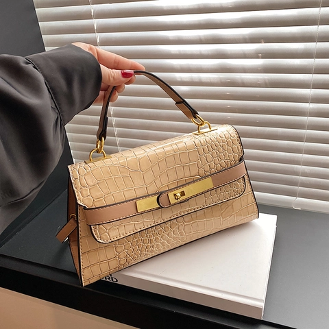 Sac à Main Mode pour Femmes Motif Crocodile Rétro en Cuir PU Sac Satchel Avec Accessoires Dorés Bandoulière Fourre-tout