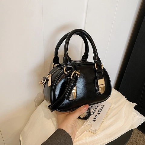 Damen Mode Einfarbig Glänzend PU Leder Handtasche Casual Bowling Umhängetasche Gold Beschläge Doppelgriff Schultertasche